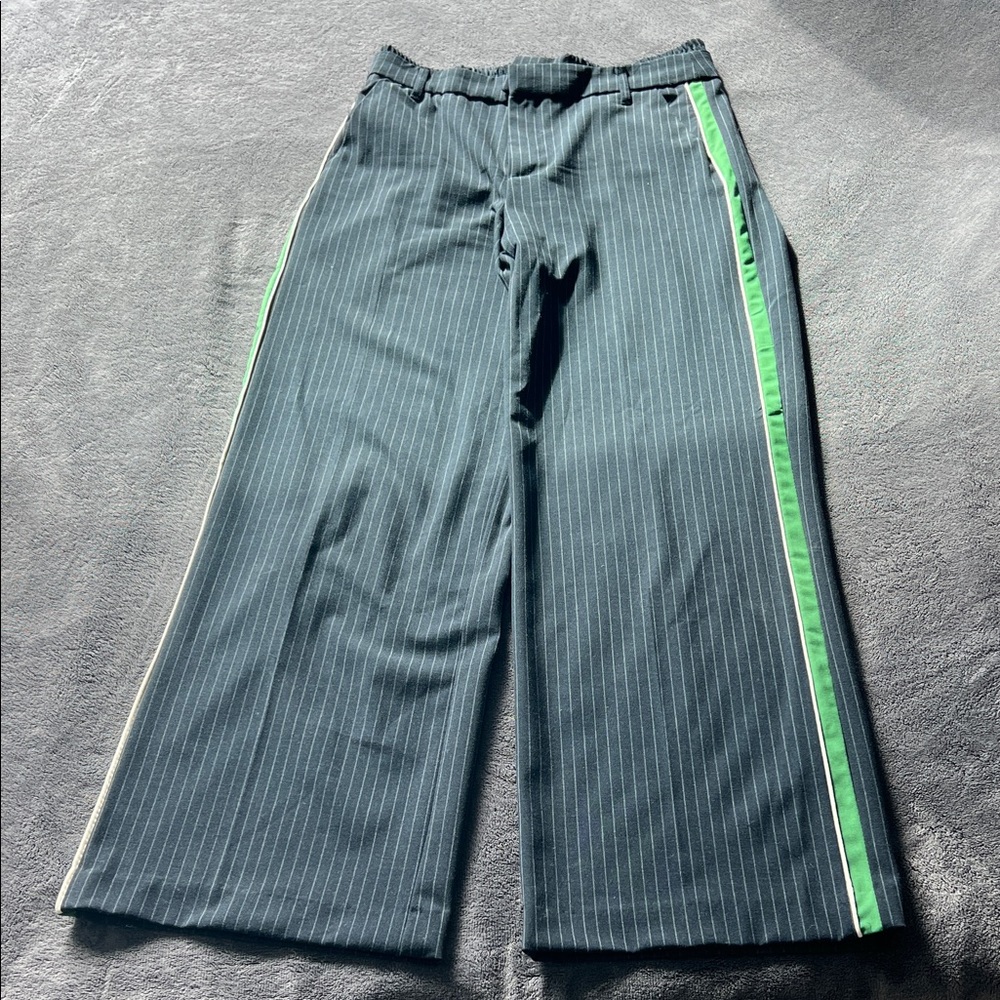 Zara Black Pinstripe Wide-Leg Chinos with Green Side Stripe